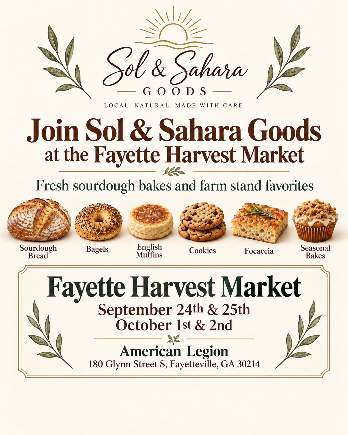 Fayette Harvest Market flyer: September 24 and 25, October 1 and 2, 2026, at 180 Glynn St S in Fayetteville, Georgia.